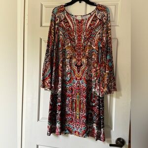 Chico’s 3/4 sleeve shirt dress midi cotton/spandex multi color pattern sz 3(16)